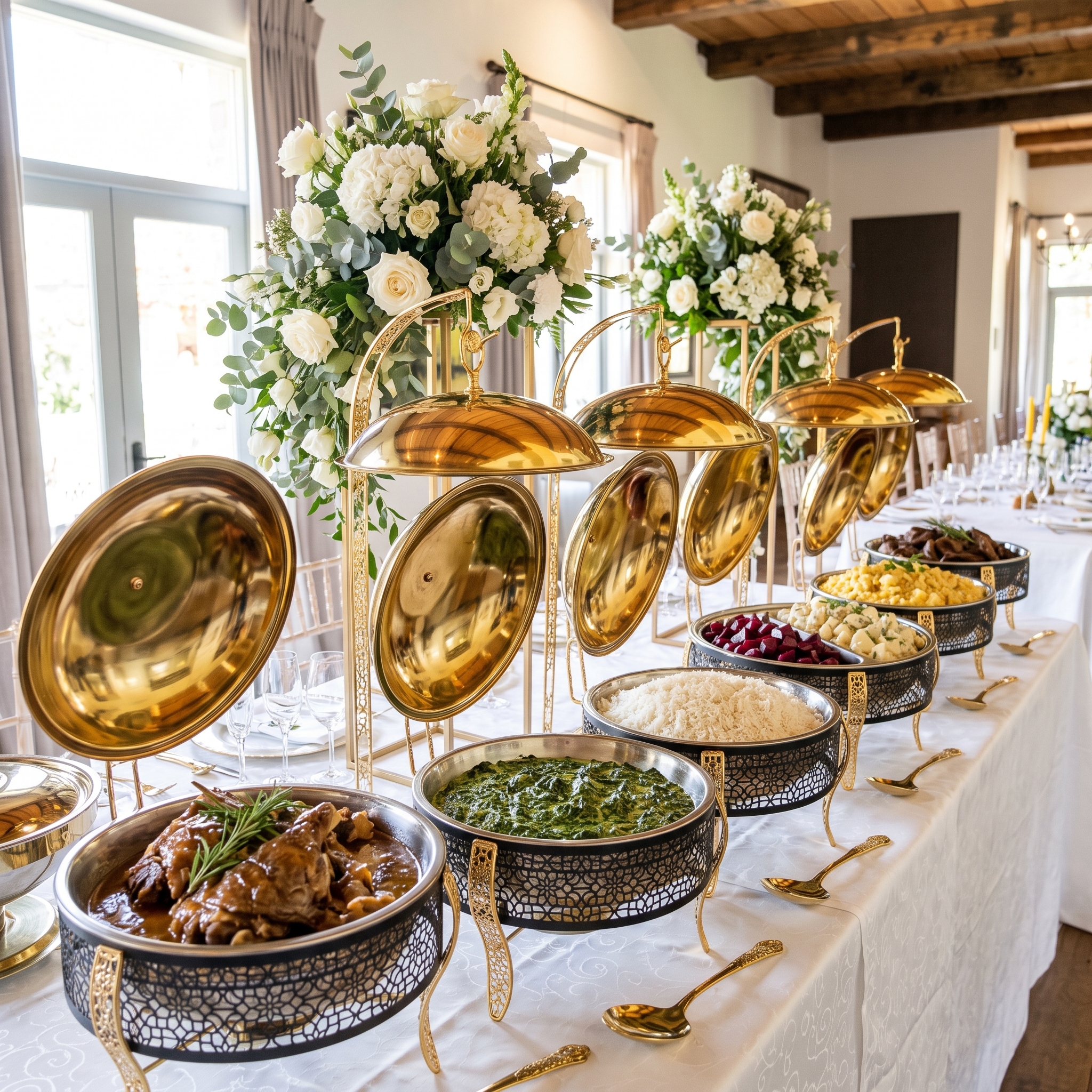 Wedding buffet with gold chafing dishes